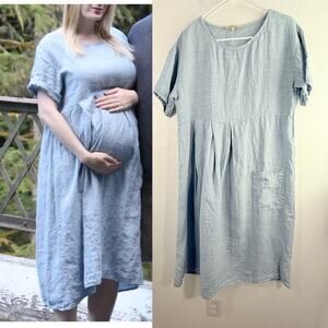 Lin Nature 100% Linen Light Blue Short Sleeve Lightweight Dress 42 Medium Large